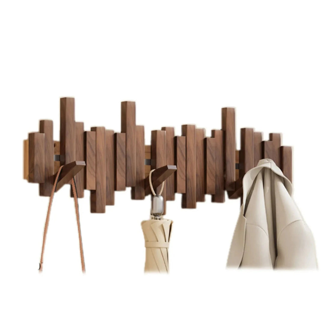 Wall-mounted slatted coat rack with folding hooks
