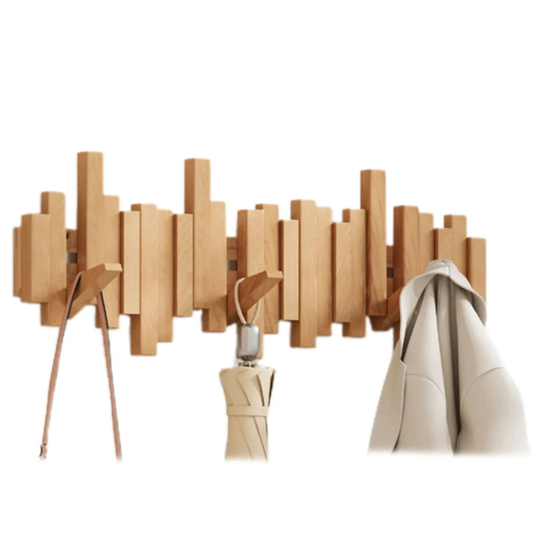 Wall-mounted slatted coat rack with folding hooks