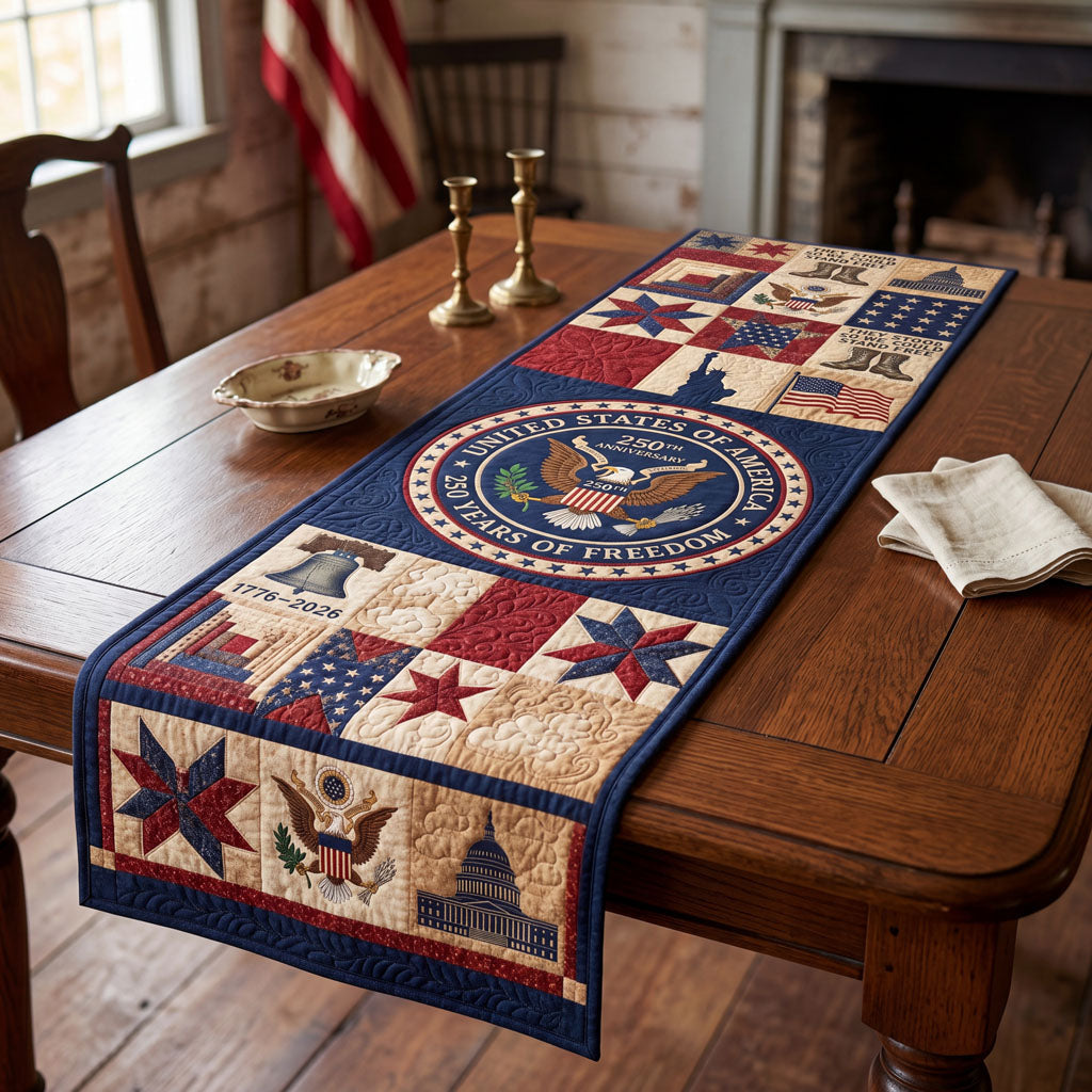 Quilted patriotic patchwork table runner with floral and star panels