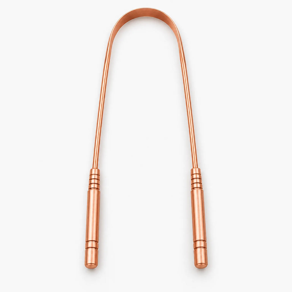 U-shaped bronze tongue scraper with ribbed handles