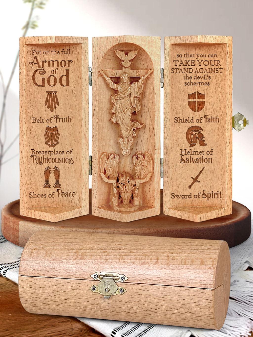 Openable brown wooden Christian cylinder sculpture with Jesus relief and engraved panels