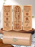 Openable brown wooden Christian cylinder sculpture with Jesus relief and engraved panels