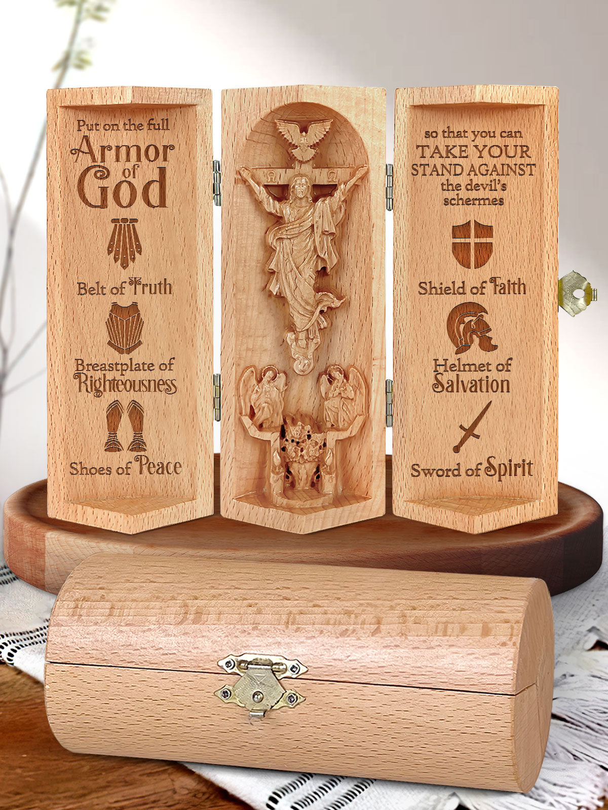 Openable brown wooden Christian cylinder sculpture with Jesus relief and engraved panels