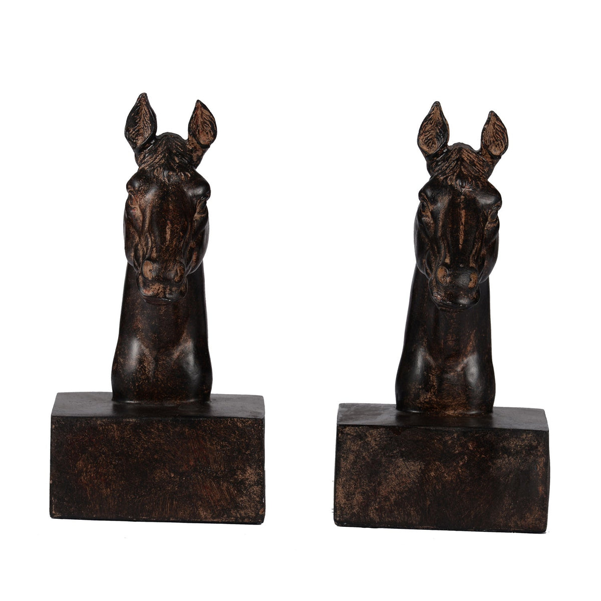 Pair of dark brown horse head bookends with rectangular bases