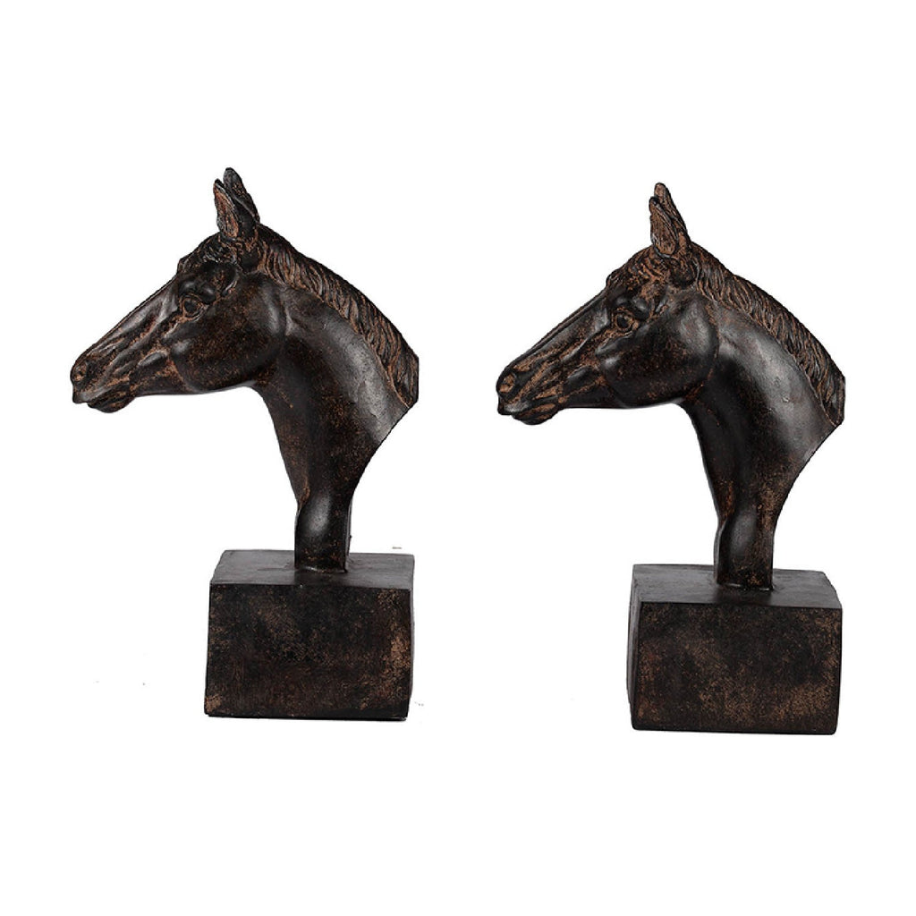 Pair of dark brown horse head bookends with rectangular bases