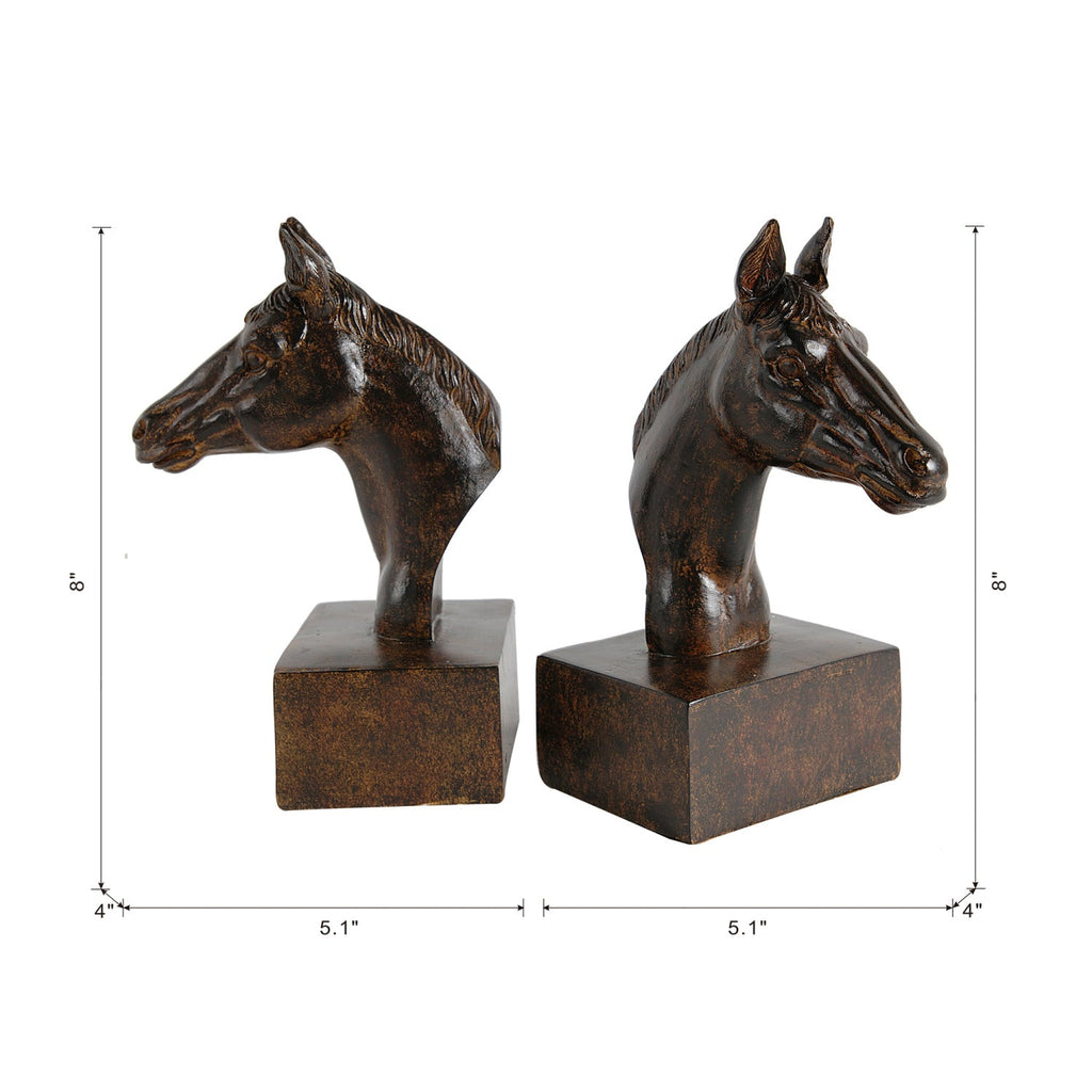 Pair of dark brown horse head bookends with rectangular bases