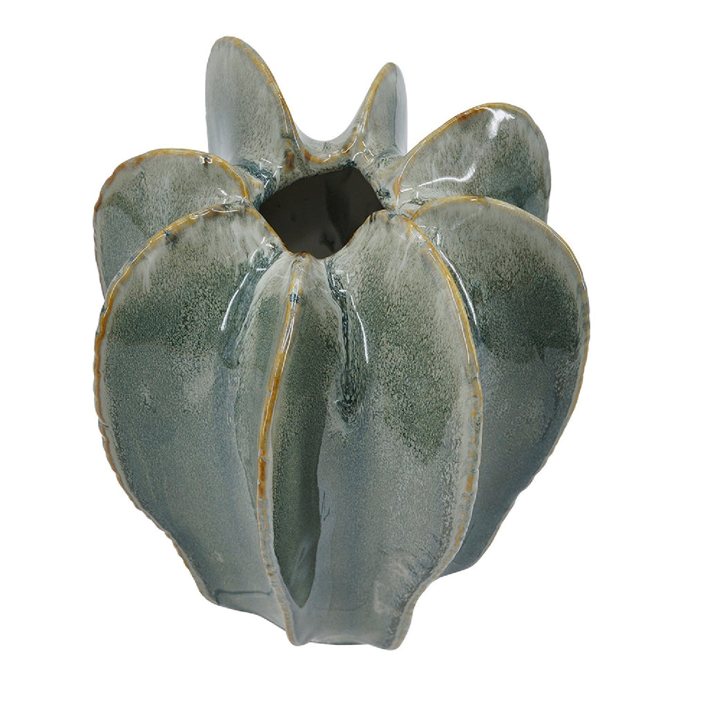Sage green ribbed ceramic flower vase with a sculptural shape