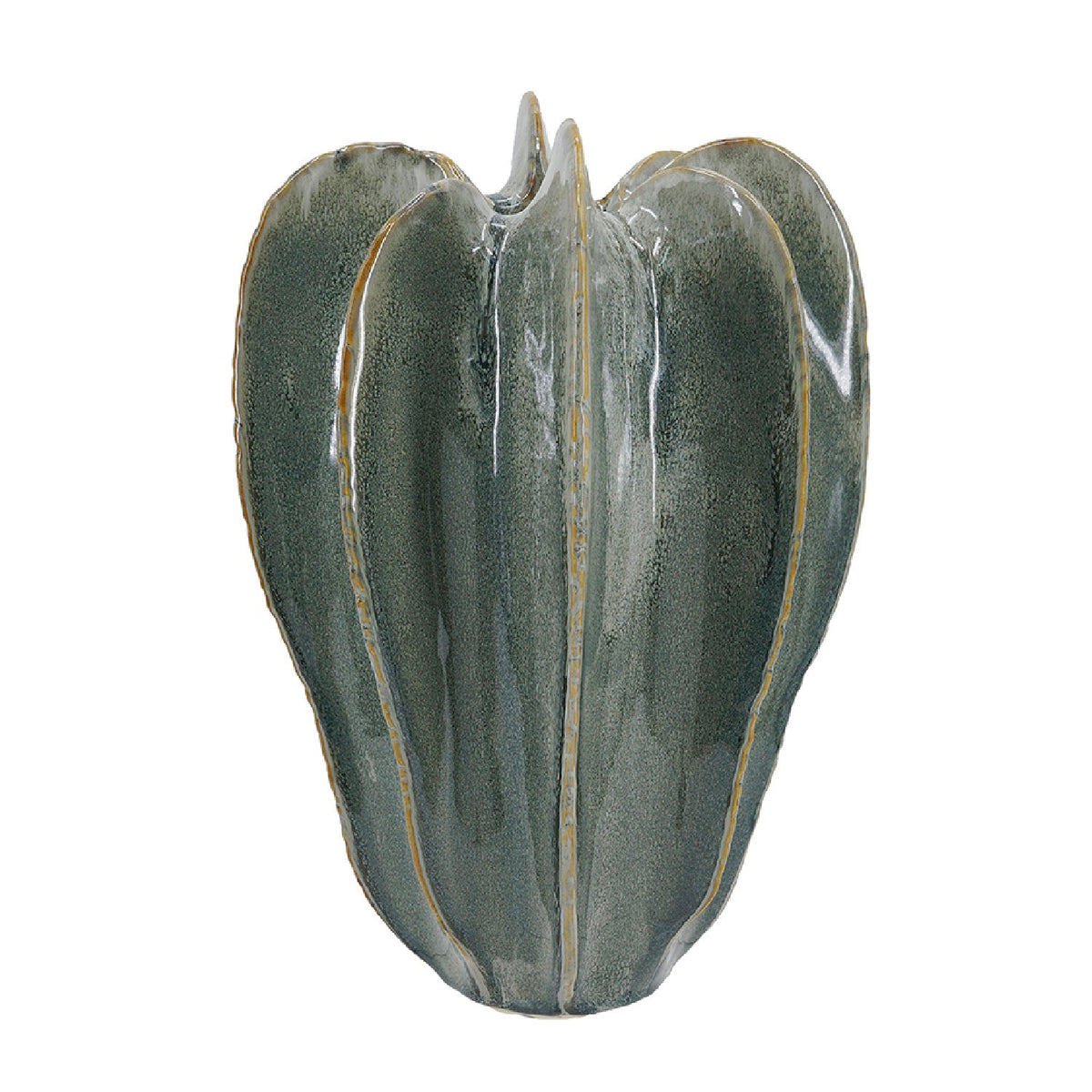 Sage green ribbed ceramic flower vase with a sculptural shape