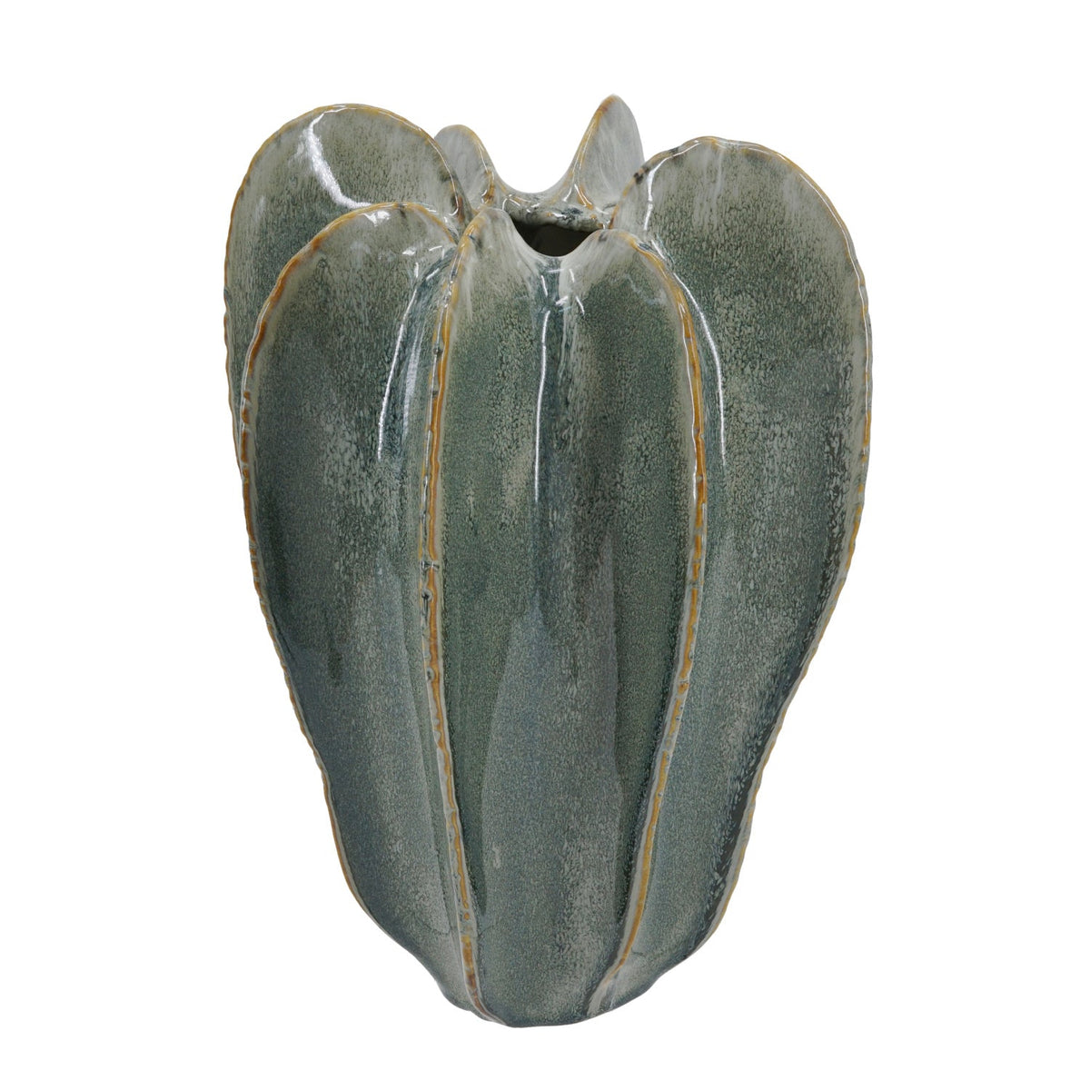 Sage green ribbed ceramic flower vase with a sculptural shape