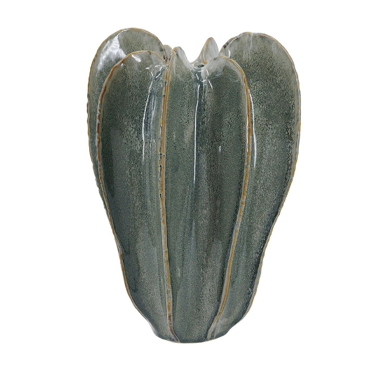 Sage green ribbed ceramic flower vase with a sculptural shape