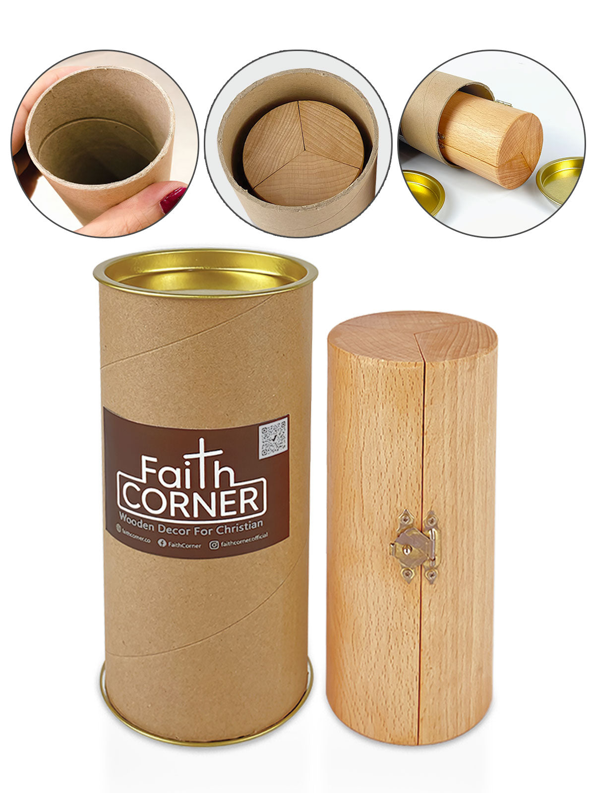 Openable brown wooden Christian cylinder sculpture with Jesus relief and engraved panels