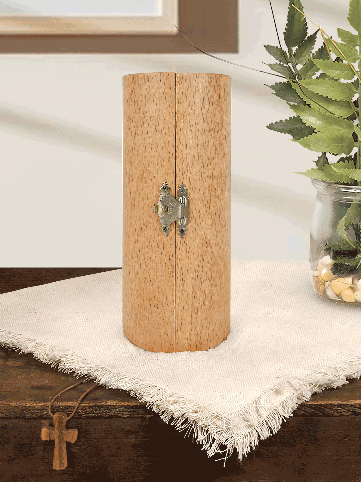 Openable brown wooden Christian cylinder sculpture with Jesus relief and engraved panels