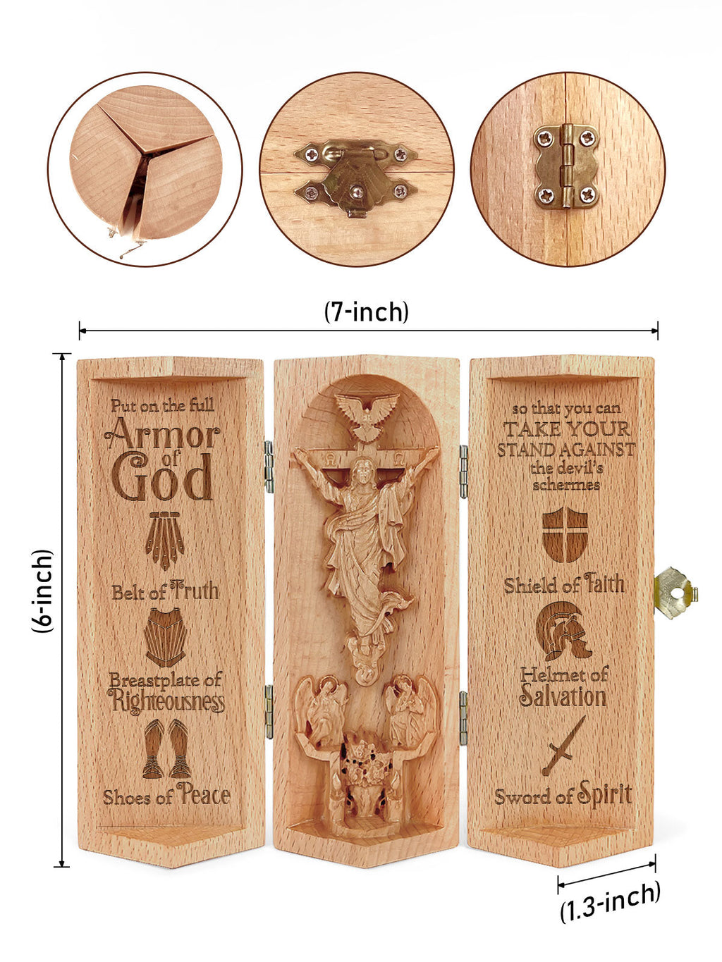 Openable brown wooden Christian cylinder sculpture with Jesus relief and engraved panels