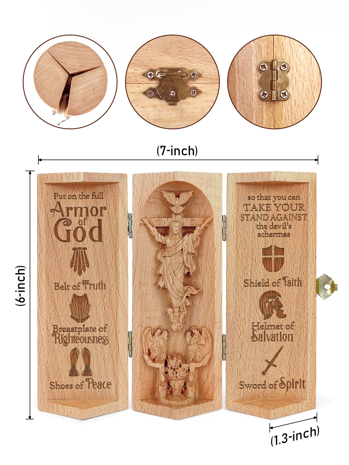 Openable brown wooden Christian cylinder sculpture with Jesus relief and engraved panels