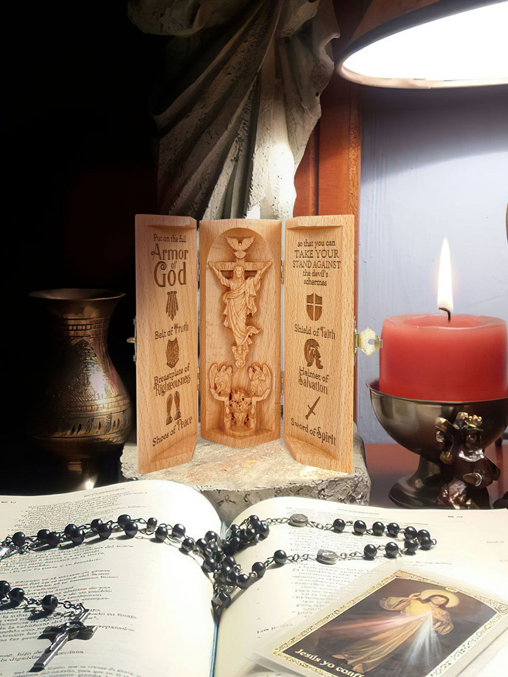 Openable brown wooden Christian cylinder sculpture with Jesus relief and engraved panels