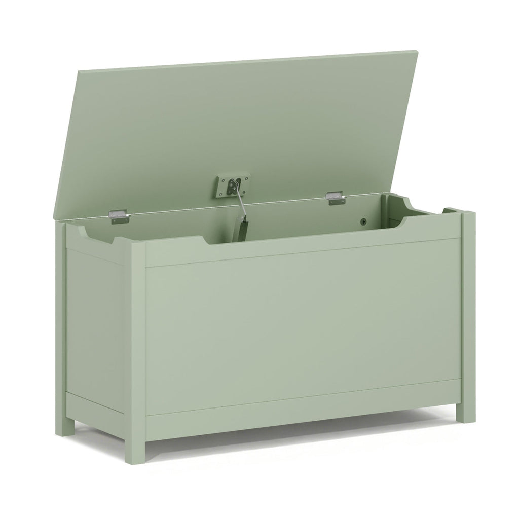 Green wooden toy box with hinged lid and raised legs
