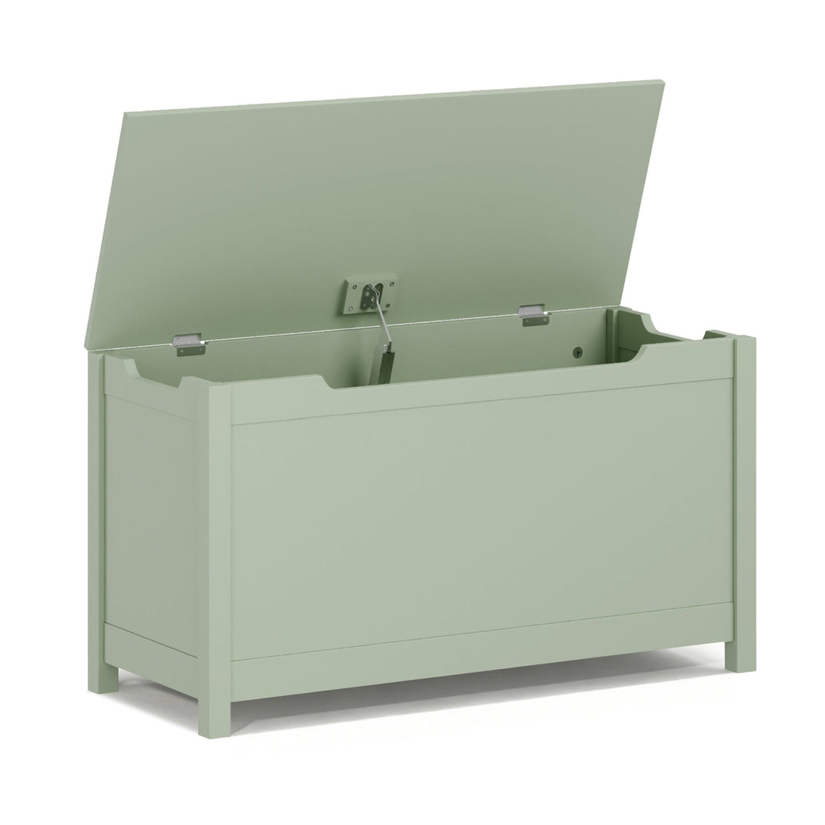 Green wooden toy box with hinged lid and raised legs