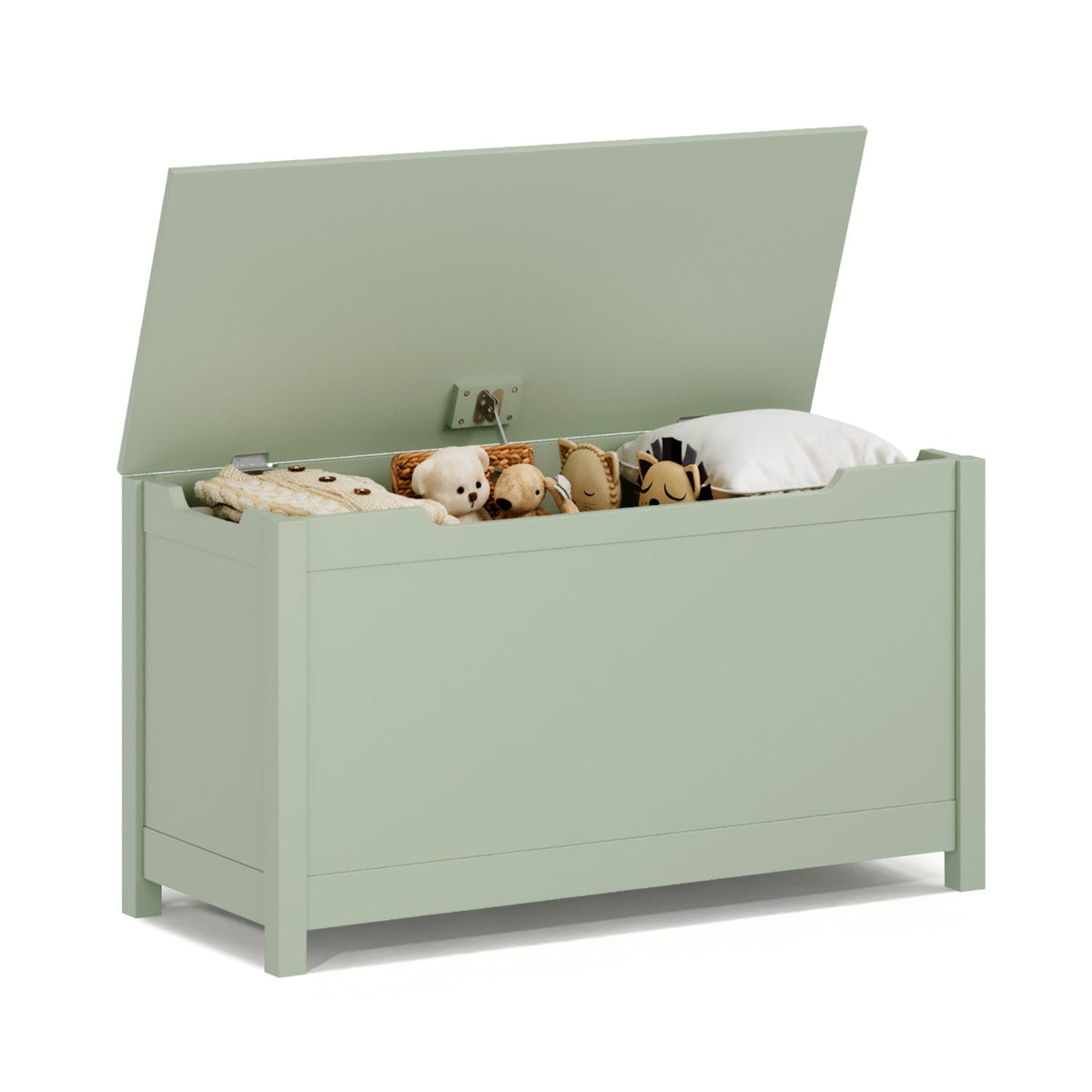 Green wooden toy box with hinged lid and raised legs