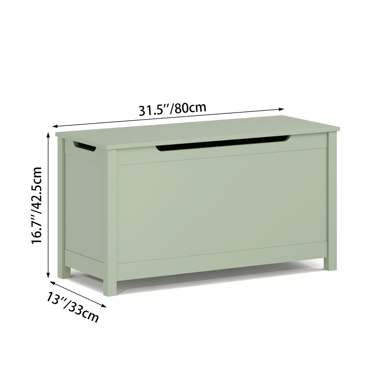 Green wooden toy box with hinged lid and raised legs