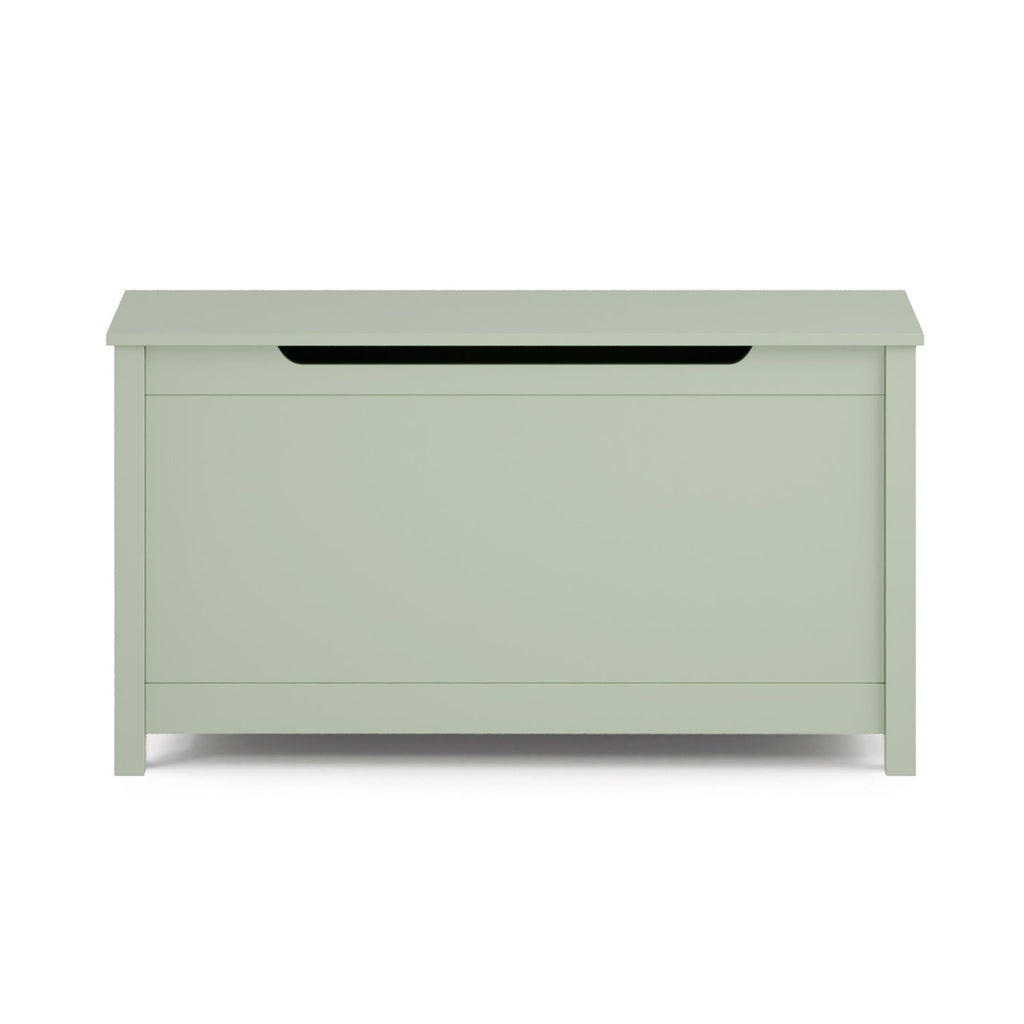 Green wooden toy box with hinged lid and raised legs
