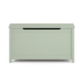 Green wooden toy box with hinged lid and raised legs