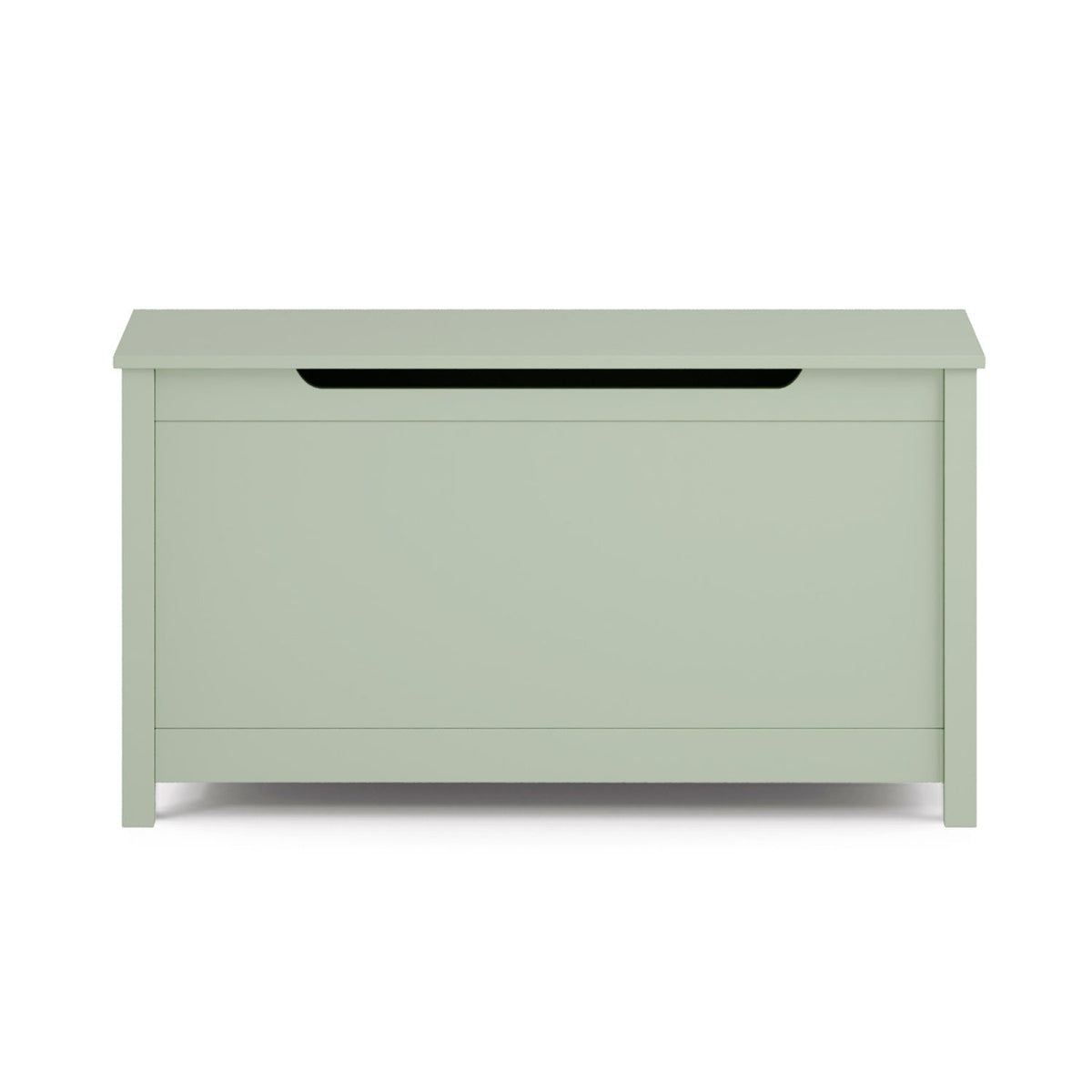 Green wooden toy box with hinged lid and raised legs