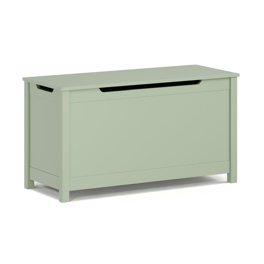 Green wooden toy box with hinged lid and raised legs