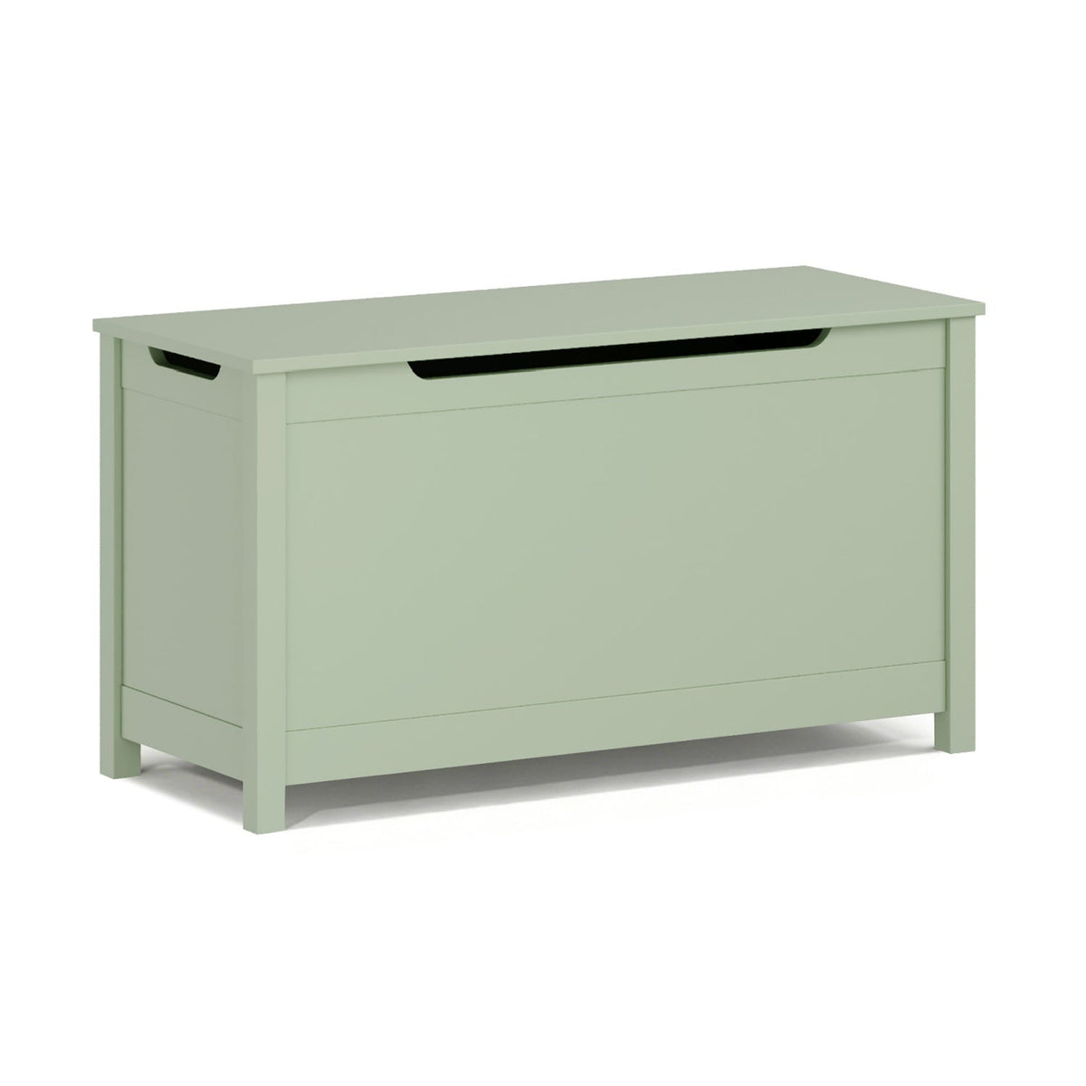 Green wooden toy box with hinged lid and raised legs