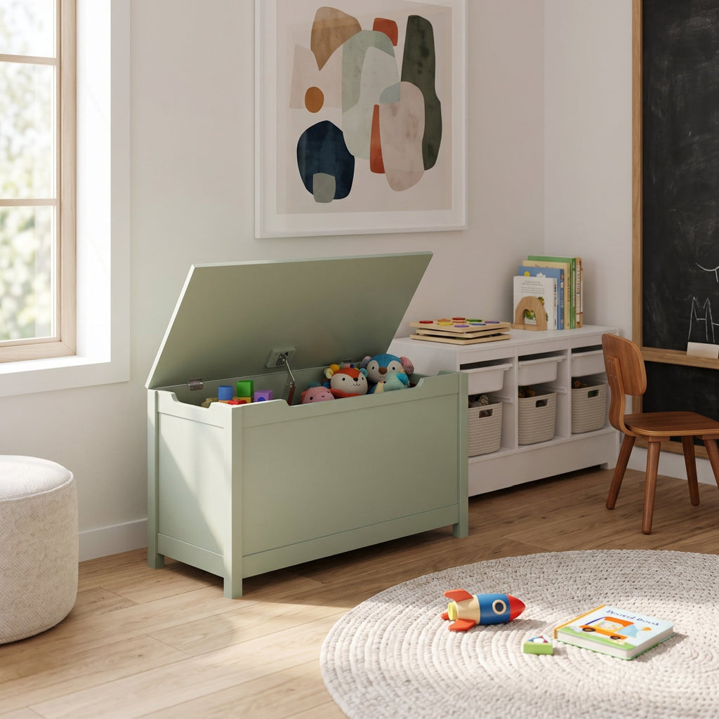 Green wooden toy box with hinged lid and raised legs