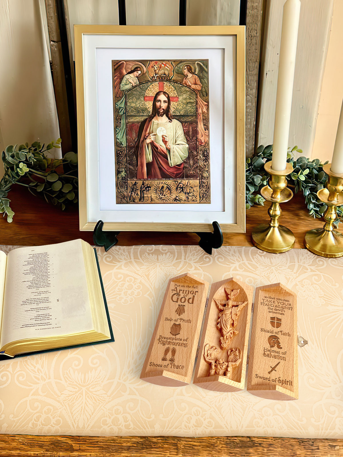 Openable brown wooden Christian cylinder sculpture with Jesus relief and engraved panels