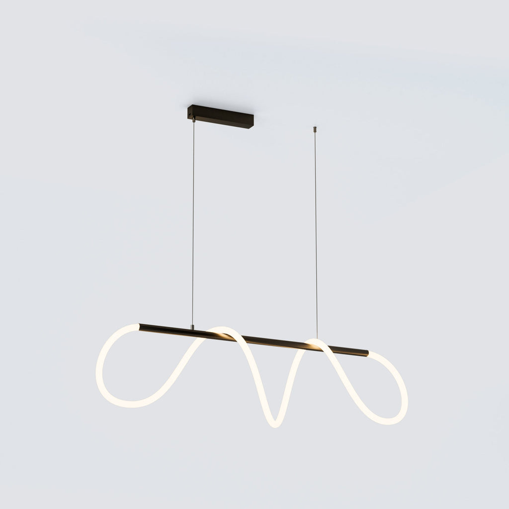 Linear LED rope chandelier with looped light element and suspended ceiling bar