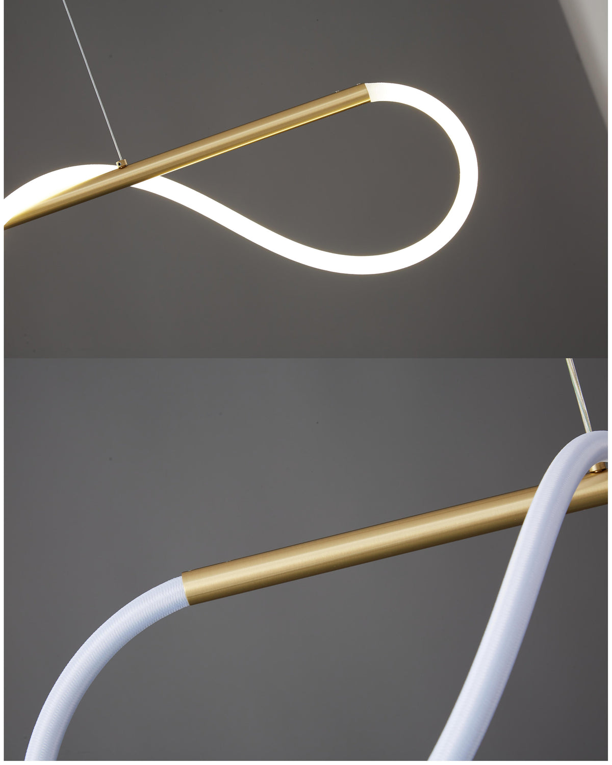 Linear LED rope chandelier with looped light element and suspended ceiling bar