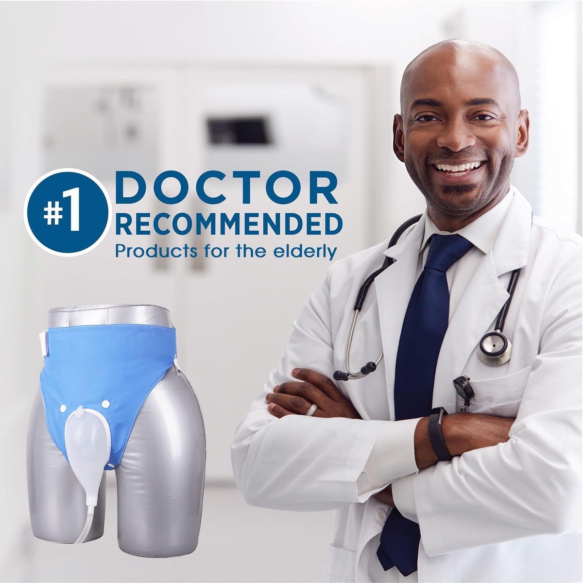 Blue wearable urine collector pouch with white collector and clear tubing