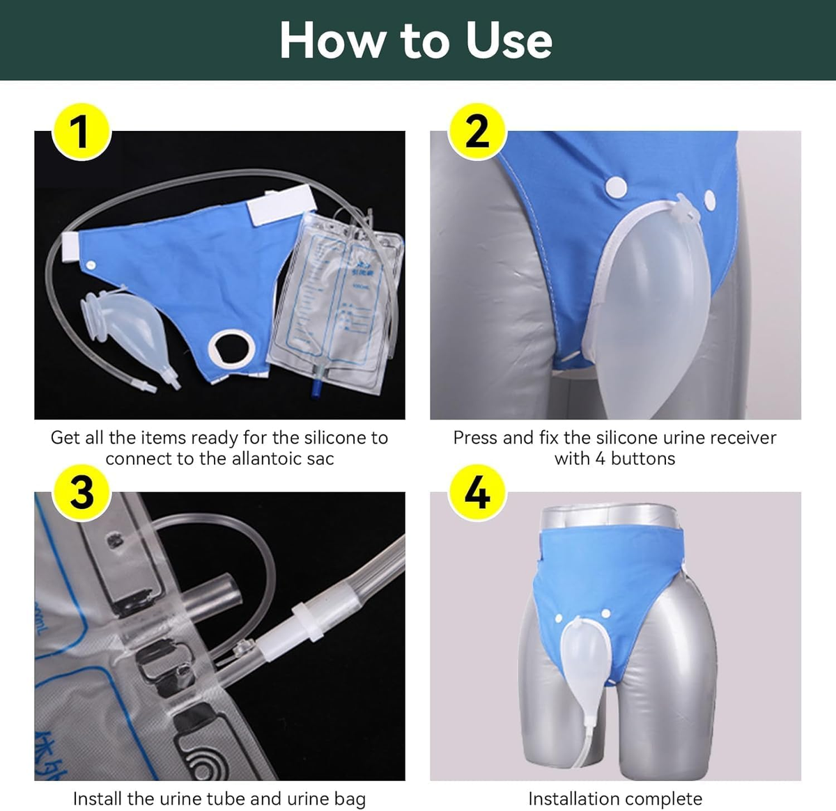 Blue wearable urine collector pouch with white collector and clear tubing