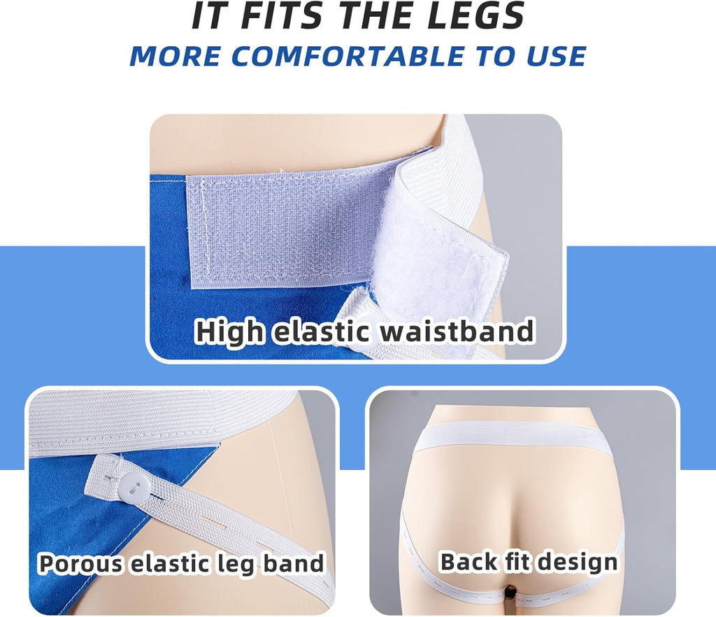 Blue wearable urine collector pouch with white collector and clear tubing