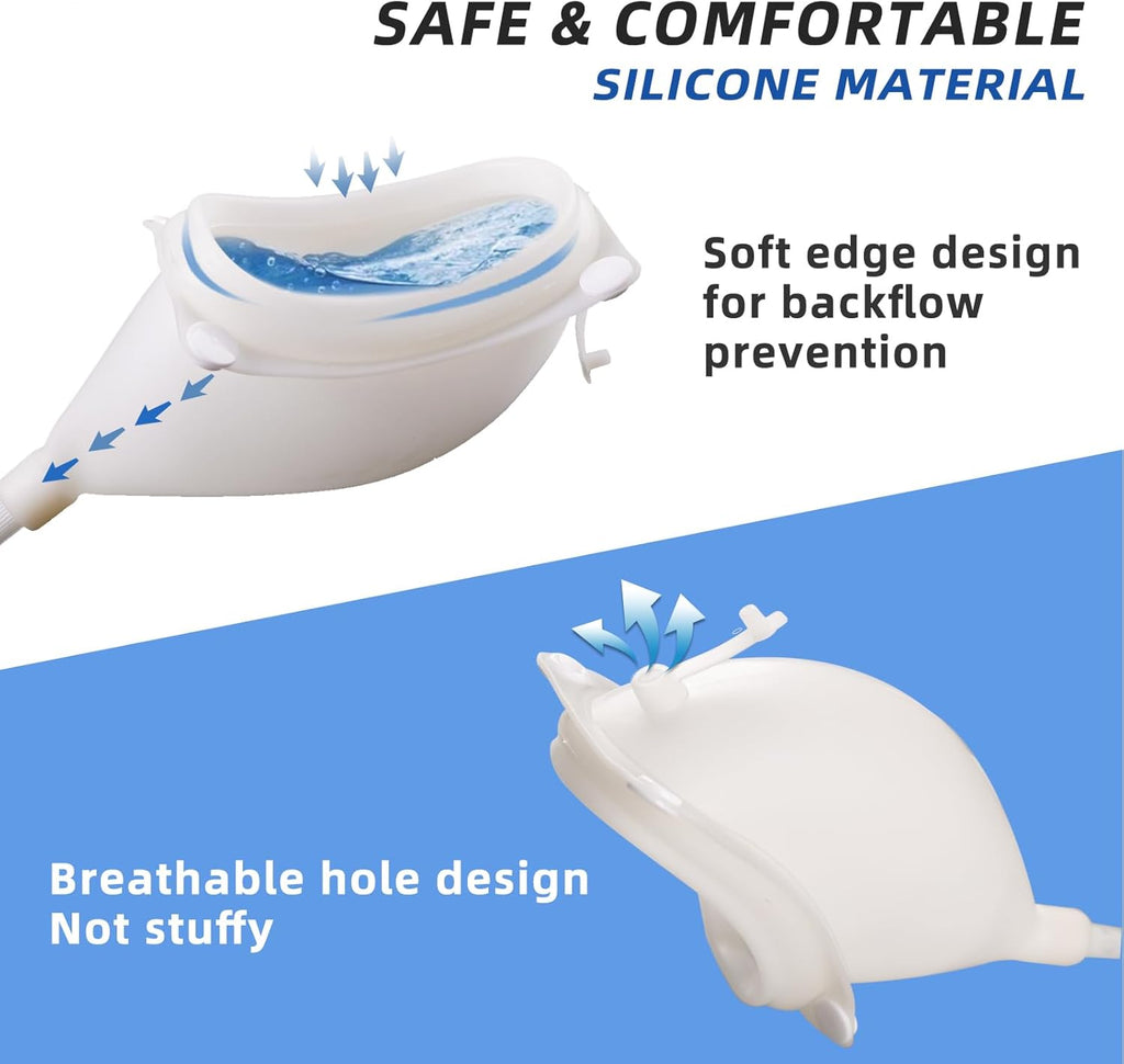 Blue wearable urine collector pouch with white collector and clear tubing