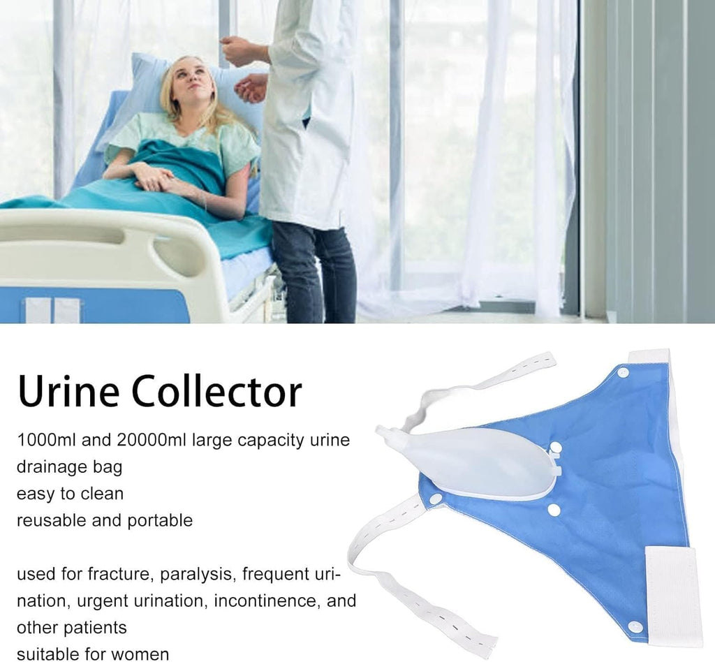 Blue wearable urine collector pouch with white collector and clear tubing