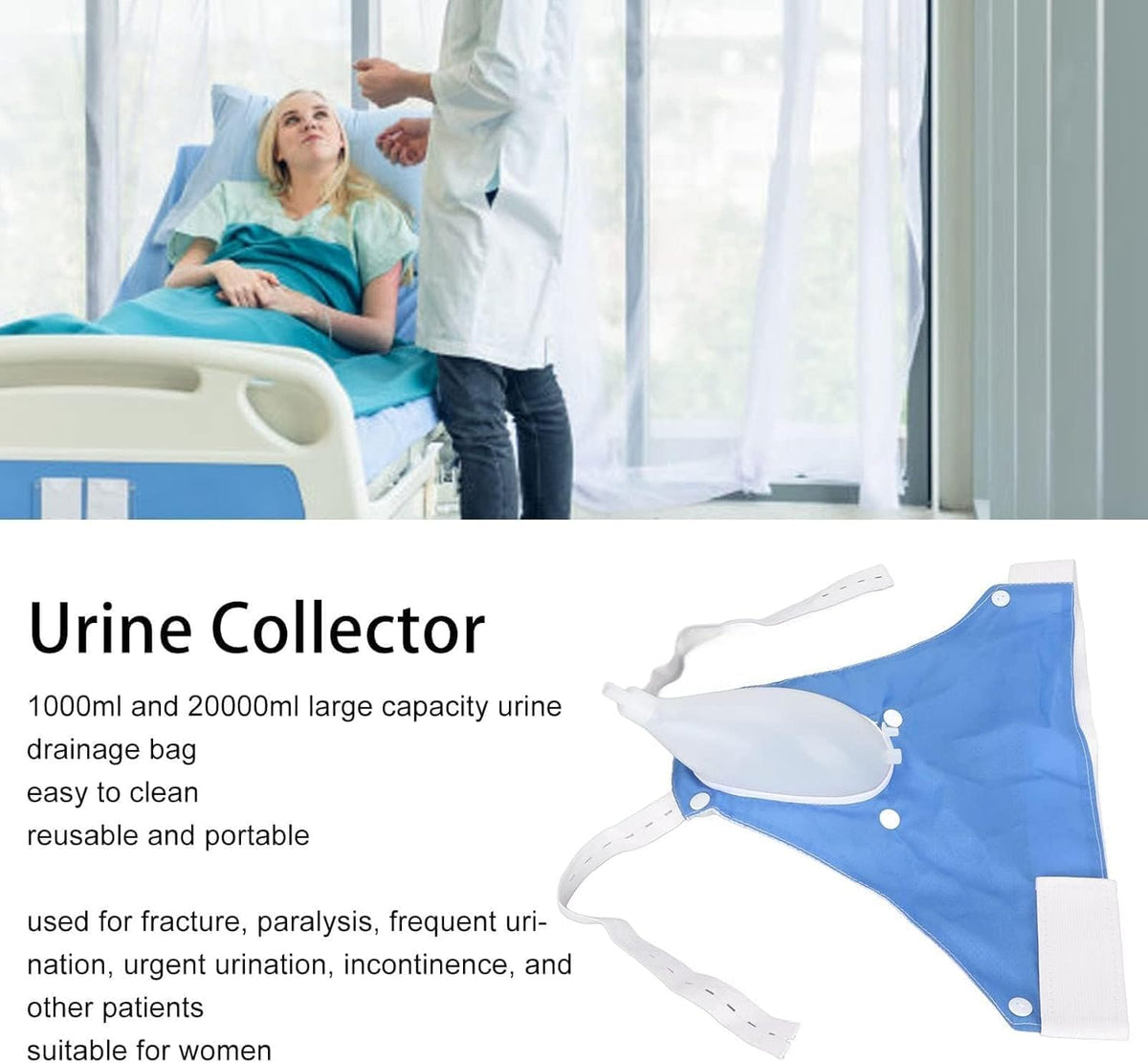 Blue wearable urine collector pouch with white collector and clear tubing