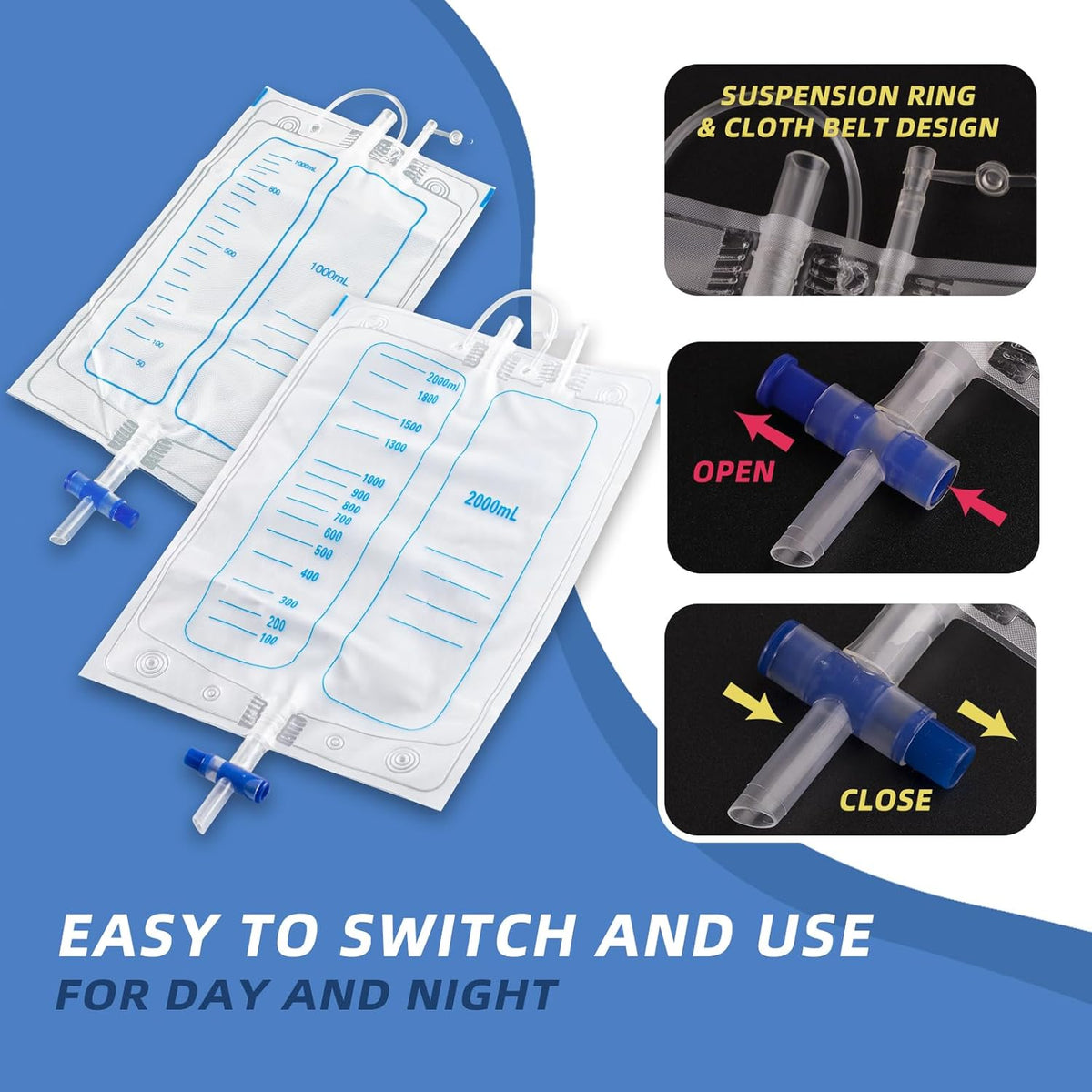 Blue wearable urine collector pouch with white collector and clear tubing