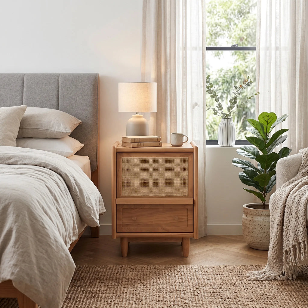 Brown wood-effect bedside table with woven front panel and drawer