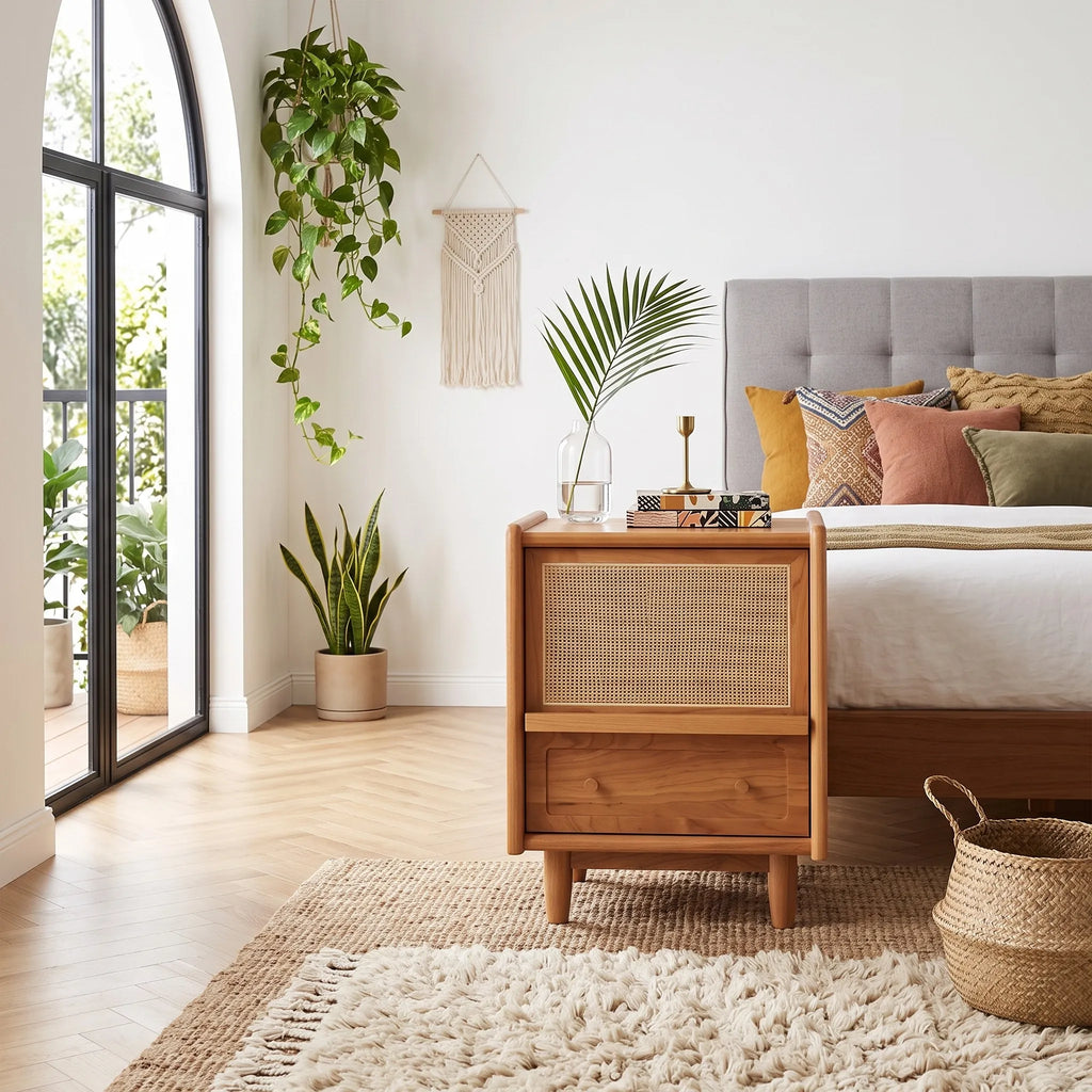 Brown wood-effect bedside table with woven front panel and drawer