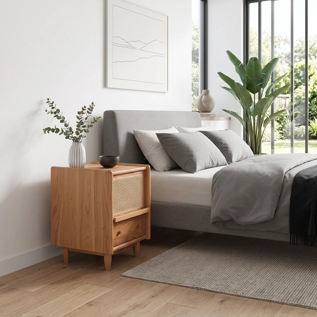 Brown wood-effect bedside table with woven front panel and drawer