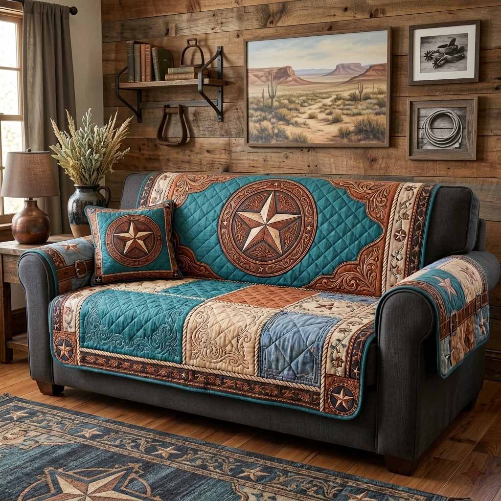 Blue quilted sofa cover with Western star badges and decorative brown borders