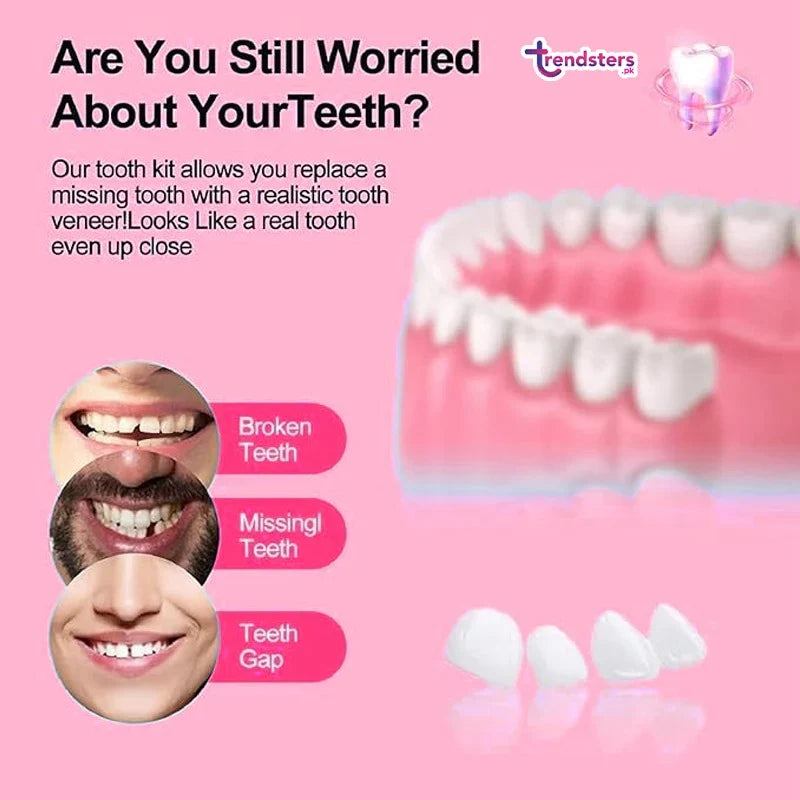 Mouldable false teeth kit with white tooth veneer, bottle and blue carton