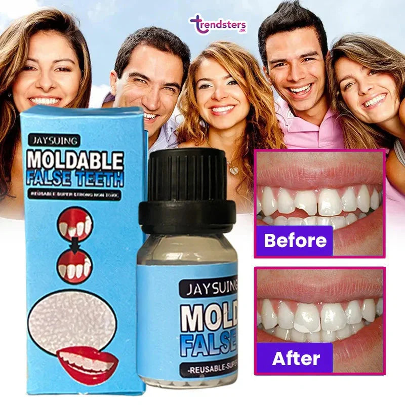 Mouldable false teeth kit with white tooth veneer, bottle and blue carton