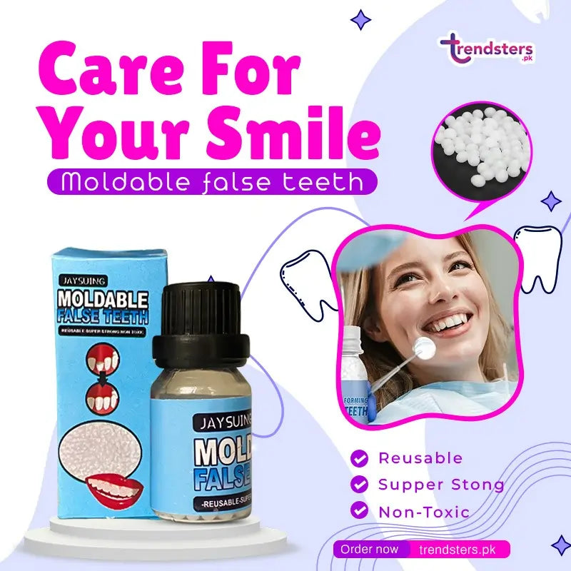 Mouldable false teeth kit with white tooth veneer, bottle and blue carton