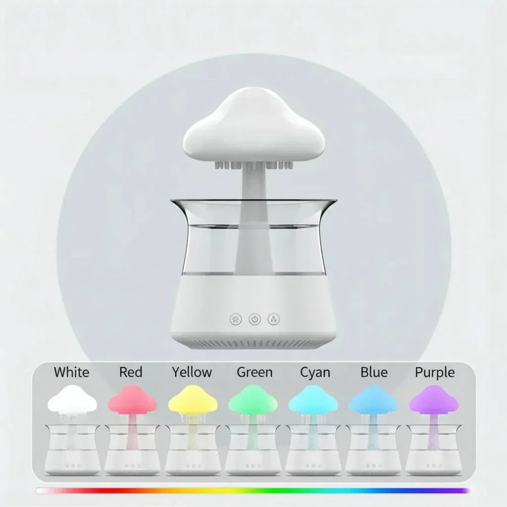 Cloud-shaped humidifier with transparent reservoir and decorative mist effect