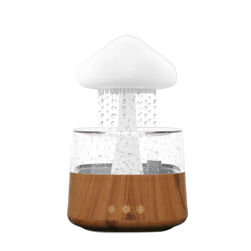 Cloud-shaped humidifier with transparent reservoir and decorative mist effect