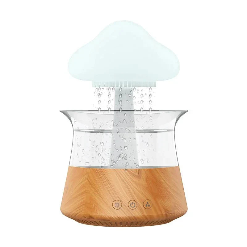 Cloud-shaped humidifier with transparent reservoir and decorative mist effect