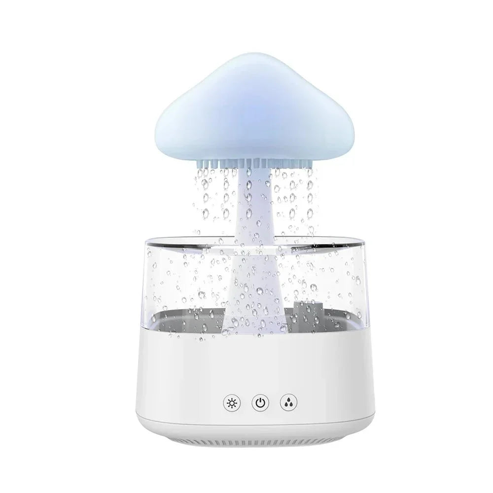 Cloud-shaped humidifier with transparent reservoir and decorative mist effect
